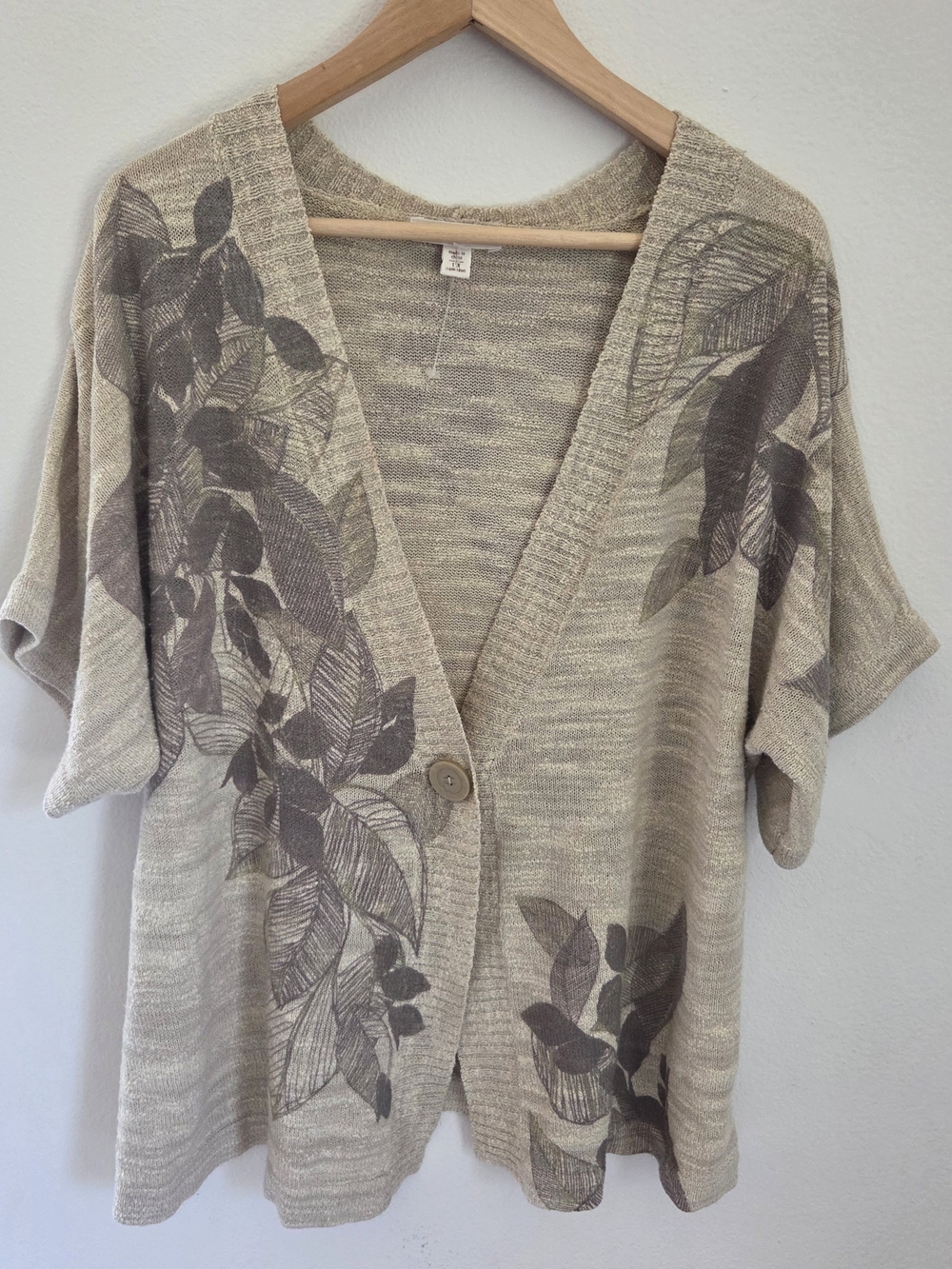 Coldwater Creek 1X Beige Short-Sleeve Leaf Cardigan Beach Sweater Resortwear